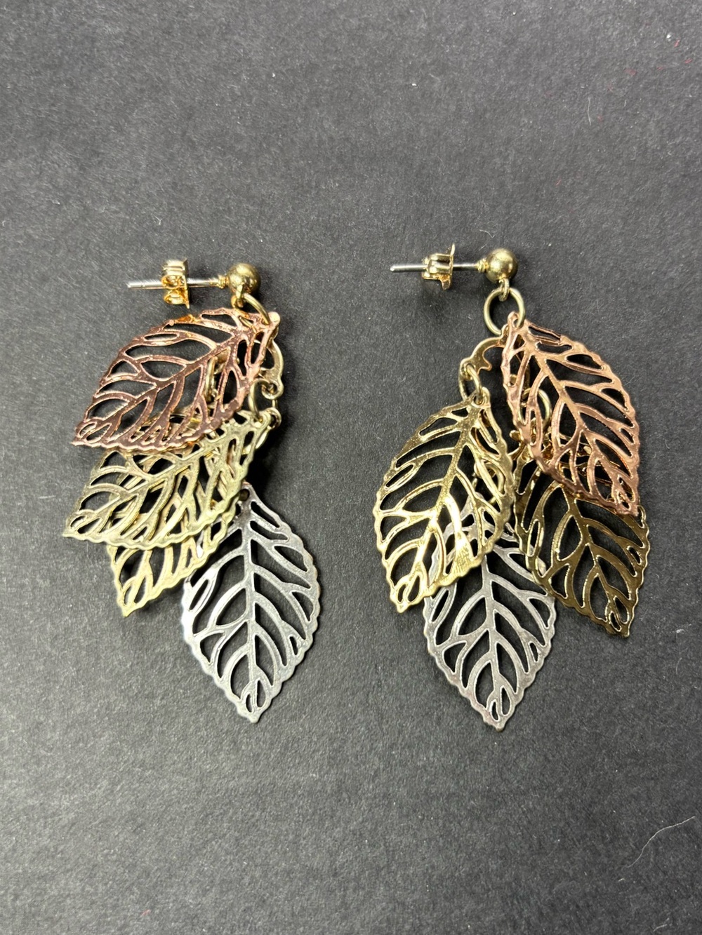 Multi-Tone Leaf Drop Earrings - Gold, Rose Gold & Silver Tones